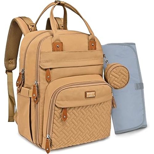 BabbleRoo Diaper Bag Backpack - Baby Essentials Travel Tote - Multi function Waterproof Diaper Bag, Travel Essentials Baby Bag with Changing Pad, Stroller Straps & Pacifier Case - Unisex, Beige