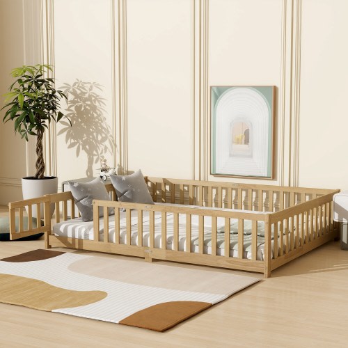 Toddler Floor Bed with Fence and Door, Montessori Platform Floorbed with Safety Guardrails for Children Boys Girls Kids Playroom