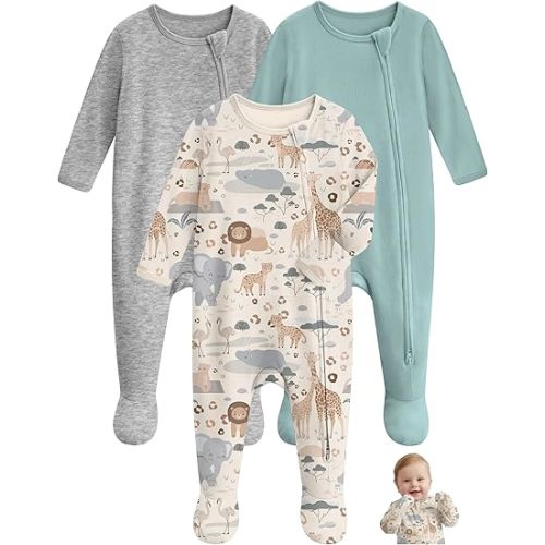 Unnivoll Baby Sleepers 100% Cotton Baby Pajamas Baby Boys Girls Clothes | Footie Pajamas for Newborn 0-3 3-6 6-9 Months, 3Pcs Soft Infant Footed PJs with Mitten Cuffs, Two Way Zipper, Long Sleeve