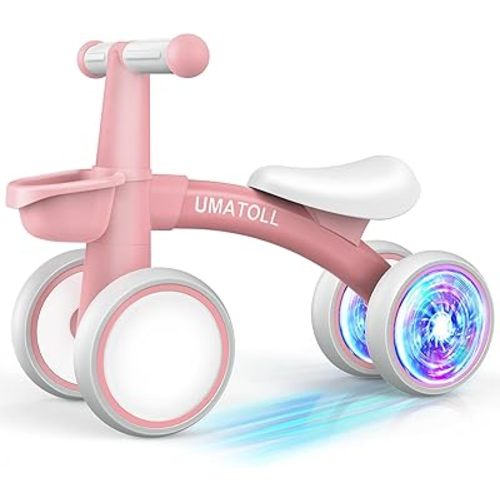 Umatoll Colorful Lighting Baby Balance Bike Toys for 1 Year Old Girl Gifts, Adjustable Seat Baby Walker, One Year Old Girl Birthday Gifts, 12-24 Months Toddler First Ride on Toys with Removable Basket