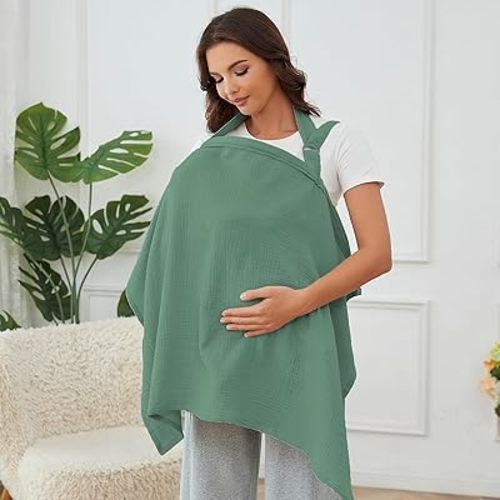 Nursing Cover for Baby Breastfeeding with Rigid Hoop, Breathable Soft 100% Muslin Cotton, Baby Breast Feeding & Pumping Apron, Multi Use Baby Car Seat Stroller Cover (Cyan)