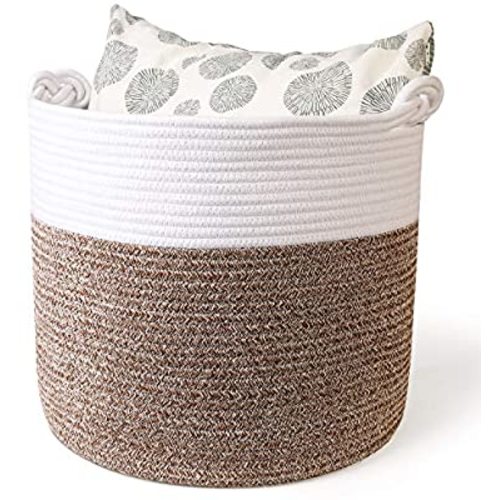 Polarduck Cotton Rope Basket 16” x 15” x 14”, Baby Laundry Basket, Laundry Hamper, Woven Blanket Basket, Nursery Bin Organizer, Toys Storage Basket with Lucky Knots Handle, (Natural White & Jute) - Large