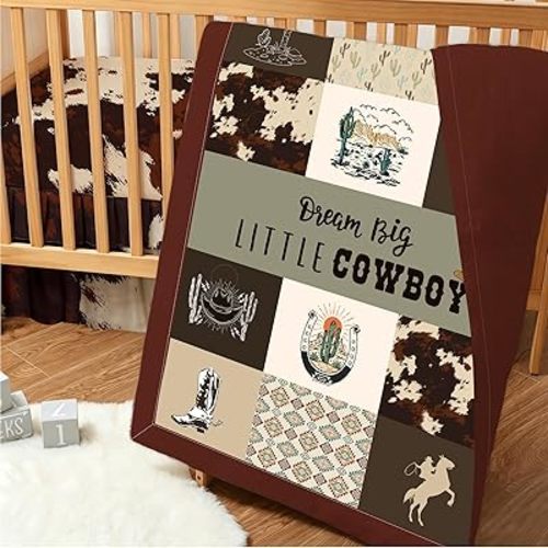 3 Piece Patchwork Western Crib Bedding Set for Boys Girls, Cow Print Baby Bedding Sets, Western Nursery Decor Soft Baby Bed Set Includes Quilt Fitted Crib Sheet Ruffled Bed Skirt(Cowboys)
