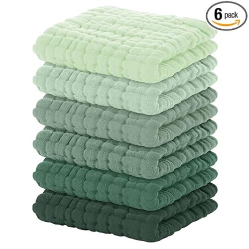 Yoofoss Muslin Baby Washcloths 100% Organic Cotton Face Towels 6 Pack Wash Cloths for Baby 12x12in Soft and Absorbent Baby Wipes (Gradient Green)