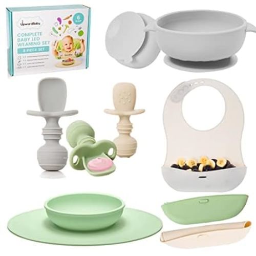 Upward Baby Led Weaning Supplies - Suction Plates for Baby - Spoons Self Feeding 6 months Suction Bowls Silicone Plates - Toddler Plates Bowls Self Eating - Infant First Stage BLW Utensils 6-12 Months