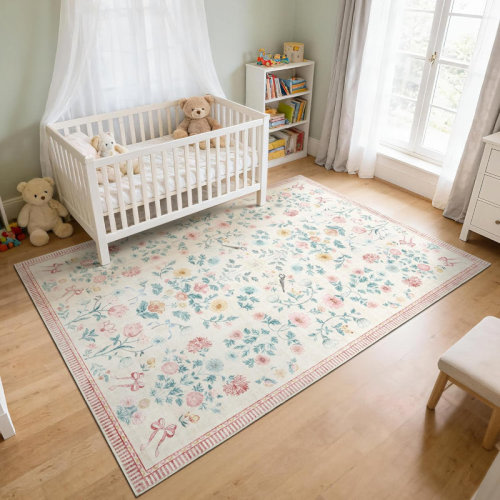 Bungalow Rose 6x9 Floral Area Rug, Washable Non Slip Foldable Rug for Dining Room Office, Green | Wayfair