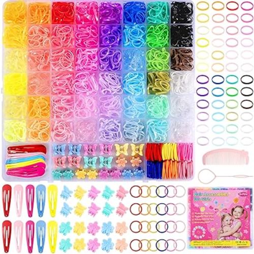 Rubber Bands for Hair, 46 Colors Baby Hair Ties, 2100pcs Colorful Hair Accessories for Girls, Funtopia Small Elastic Hair Ties with Mini Hair Claws Hair Clips for Girls Baby Toddlers Kids