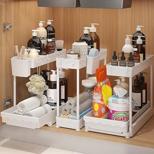 3 Pack Multi-Purpose Under Sink Organizers and Storage, 2026 L-Shaped Pull Out Cabinet Organizer for Bathroom & Kitchen, Under Cabinet Organizer with Hooks Hanging Cup, White, 14.85 inch