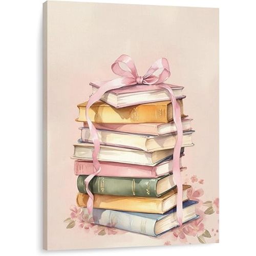 IWGDNJS Coquette Pink Bow Book Wall Art Decor, Reading Corner Nook Room Decor, Preppy Floral Bookish Canvas Wall Art Prints for Library Classroom Home Girls Bedroom, 11x14 Inch
