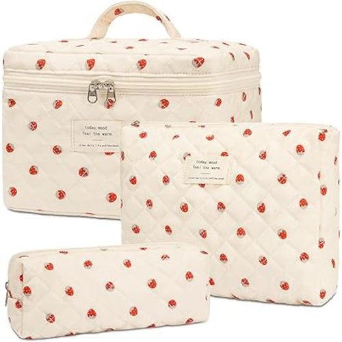 honitty Makeup Bag,Quilted Cosmetic Bags,Large Floral Make Up Organize bag,Makeup Bag Set for Women,Flower Travel Toiletry Bag