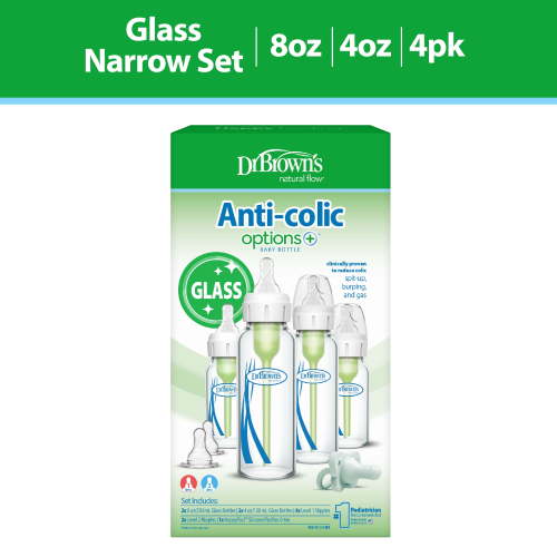 Dr. Brown's Anti-Colic Options+ Narrow Glass Bottle Starter Set, 4oz / 8oz Bottles, Levels 1, 2 Nipples, and HappyPaci Pacifier