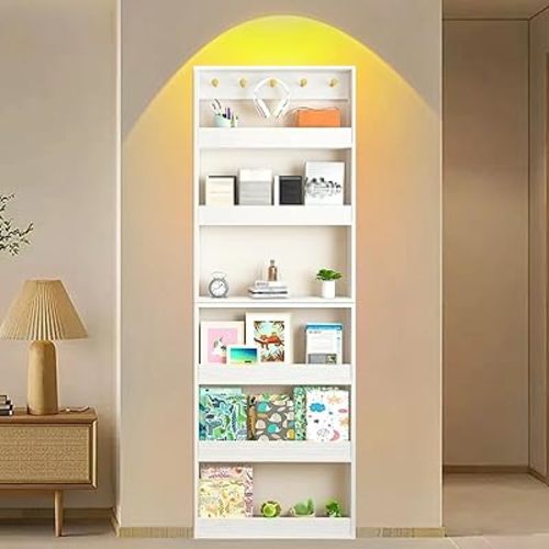 LINLIUA Kids Bookshelf, Wall Mounted Bookshelf with Hooks for Kids' Room, Adjustable Behind The Door Bookshelf for Living Room Bedroom and Nursery White 31.5"×3.9"×70.9"