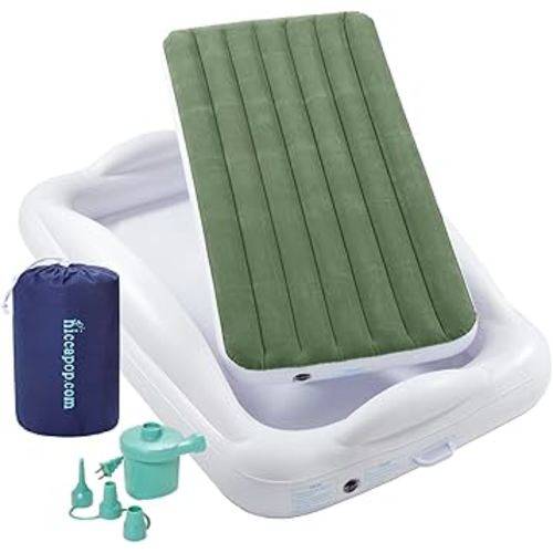 hiccapop Inflatable Toddler Travel Bed with Safety Bumpers [4-Sided], Portable Toddler Bed for Kids, Toddler Air Mattress, Kids Air Mattress - Sage Green