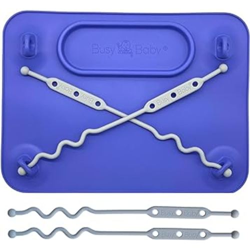 BUSY BABY Silicone Mat - Suction Cups, 4 Straps to Secure Baby Essentials, Self Feeding, Baby Led Weaning, Travel Sleeve Included (Violet)