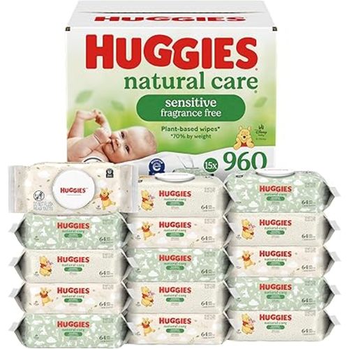 Huggies Natural Care Sensitive Baby Wipes, Unscented, Hypoallergenic, 99% Purified Water, 15 Flip-Top Packs (960 Wipes Total)