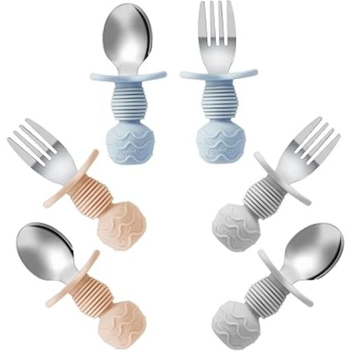 PandaEar 6 Pack Stainless Steel Toddler Spoons and Fork Feeding Set - Anti-Choke First Self Feeding Utensils for Kids Baby Boys Led Weaning Ages 18 Months+ (Blue/Grey/Peach)