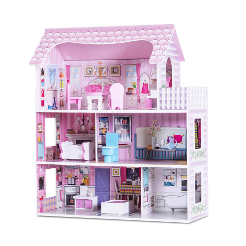 Gymax 28'' Pink Dollhouse w/ Furniture Gliding Elevator Rooms 3 Levels Young Girls Toy