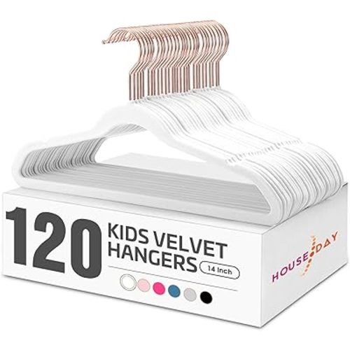HOUSE DAY Velvet Kids Hangers 120 Pack, Premium Children Hangers for Closet, Ultra Thin Cute Kids Clothes Hanger, Small Non Slip Felt Hanger 14 Inch for Toddler Clothes, White