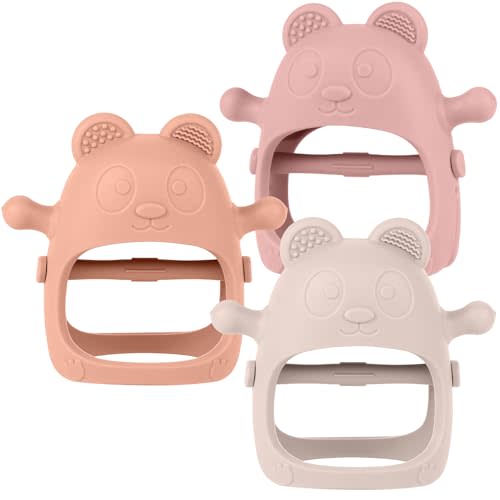 Eascrozn 3 Pack Baby Teething Toys for 3-6 6-12 Months, Food Grade Silicone Teething Mitten, Anti Dropping Wrist Hand Teethers Baby Chew Toys for Sucking Needs, BPA Free