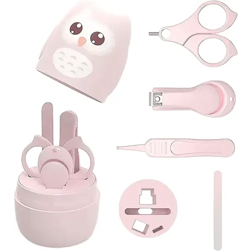 PandaEar Baby Nail Manicure Pedicure Grooming Care Kit (4 Pack)| Clippers Scissors File Tweezers | Newborn Infant Toddler Kids|1 Months Plus (Pink)