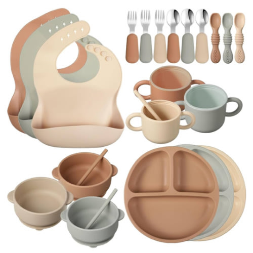 24 Pack Silicone Baby Feeding Set Baby LED Weaning Supplies Includes Suction Divided Plates Soft Bowl Spoons Forks Adjustable Bib Snack Cup and Straws(Walnut Color, Beige, Smoky Gray)