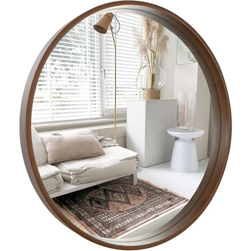 HOMECOOKIN Round Wood Mirror, 24" Round Bathroom Wall Mirror Circle Mirrors for Wall Decor, Vanity, Living Room, Bedroom, Entryway