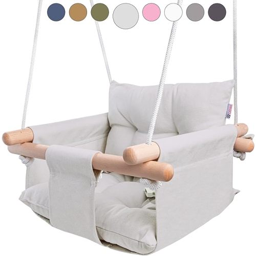 CaTeam Canvas Baby Swing Seat with 5-Point Safety Belt — Wooden Hanging Toddler Swing, Indoor & Outdoor, Ages 1-4, Ceiling Mount Hardware Included, Gray