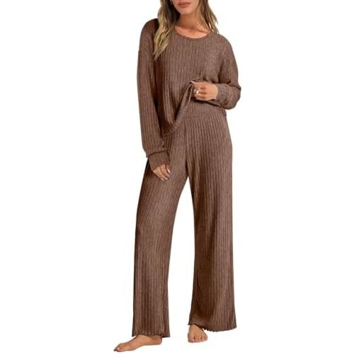 ANRABESS Women 2 Piece Lounge Pajamas Sets Casual Ribbed Knit Long Sleeve Top Pants Matching Set 2024 Fall Outfits Clothes