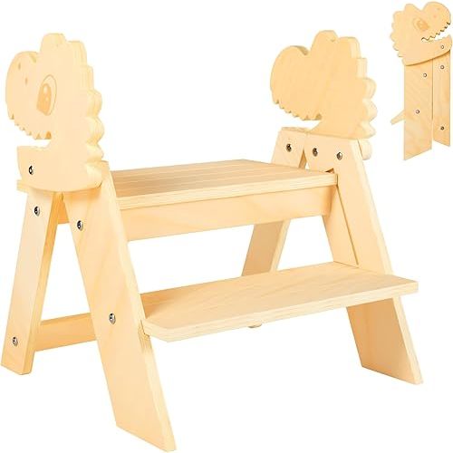 Wooden Toddler Step Stool, 2-Step Foldable Stool for Kids with Non-Slip Surface, Baby Bathroom Stool for Potty Training, Bathroom Sink, Kitchen Counter with Cute Dinosaur Design, Natural