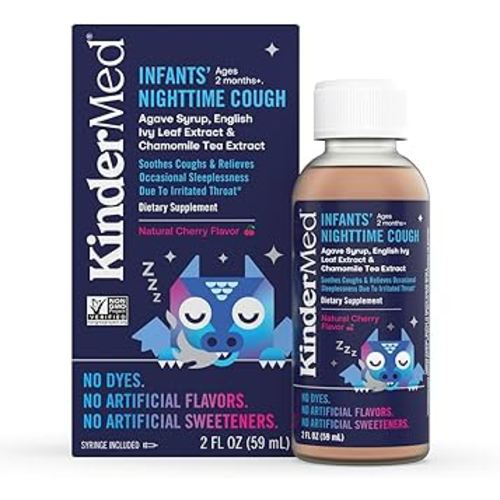 KinderMed Infants' Nighttime Cough, Organic Agave Syrup, English Ivy Leaf Extract, Chamomile Tea Extract, No Dyes, No Artificial Flavors or Sweeteners, Ages 2 Months+, Natural Cherry Flavor (2 Fl Oz)