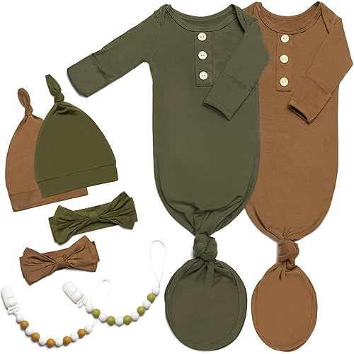 2PK Silky Soft Newborn Knotted Gown, Snuggly Infant Sleeper for Baby Girls, Sleepwear Set with Mittens, Bowknot, Clip and Hat