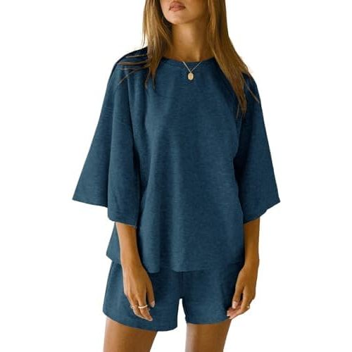 JAWINT Womens 2 Piece Sets Outfits Casual 3/4 Sleeve Tops Oversized Shirts
