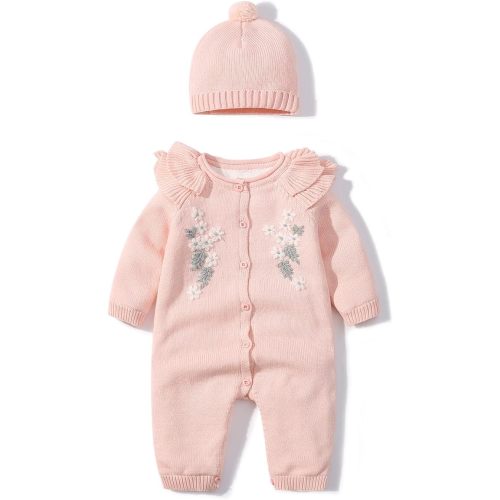 Baby Newborn Boy Knitted Sweater Romper Cotton Longsleeve Outfit with Kids Winter Warm Hats Set - Ruffle Romper-pink - 9-12M