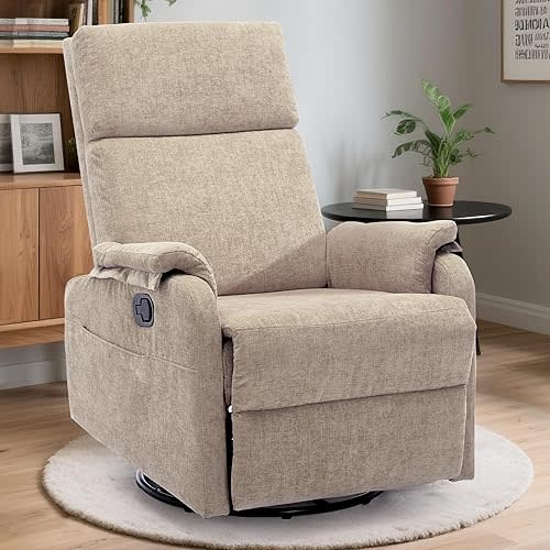 Recliner Chairs, Swivel Rocking Recliner Chair for Adults, Glider Rocking Chair, Small Nursery Recliner for Living Room, Reclining with Modern-Designed Armrests, Chenille, Khaki