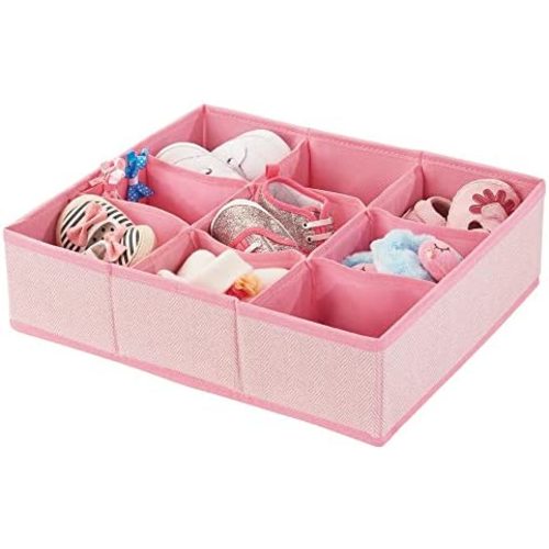mDesign Soft Fabric 9 Section Dresser Drawer and Closet Storage Organizer for Child/Kids Room, Nursery, Playroom - Divided Large Organizer Bin - Herringbone Print with Solid Trim - Pink