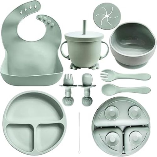 10 Piece Baby Feeding Set | 100% Food Grade Silicone | Non Slip | Suction Bowl and Plate | Self Feeding Utensils | Led Weaning Supplies | Microwave and Dishwasher Safe | 6+ Months