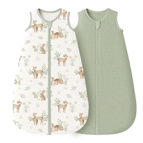 Konssy 2-Pack Baby Sleep Sack 0.7 TOG, 100% Muslin Cotton Wearable Blanket for Babies 0-6 Months, Breathable Sleeping Bag Newborn Essentials for Girls and Boys (Woodland,Sage)