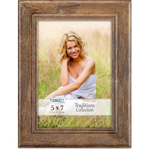 Icona Bay - 5x7 Chestnut Brown Picture Frame - Rustic Wood Pattern - Lightly Distressed Frame for Table Top Display or Wall Mount - Traditions Collection