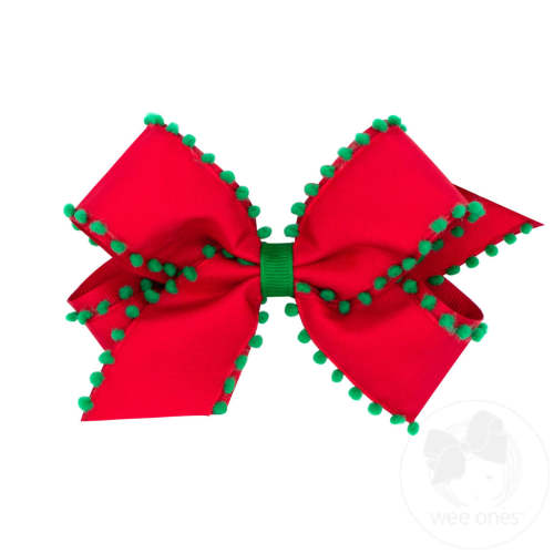Medium Holiday Style Pom-Pom Edge Grosgrain Overlay Girls Hair Bow - RED W/GRN | Wee Ones Hair Bows & Accessories