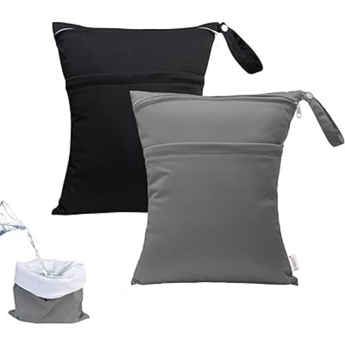 ALVABABY 2pcs Superior Waterproof Wet Dry Bags,Reusable Two Zippered Pockets, baby cloth diaper wet bags,Travel,Beach,Pool,Daycare,Soiled Items,Yoga Gym Bag,wet bag for swimsuit Black&Grey LW-B2629