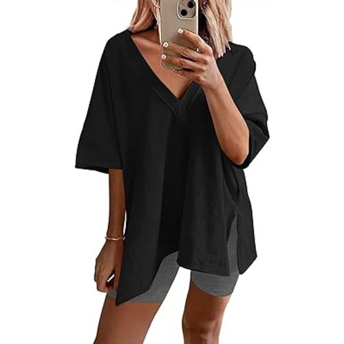 Ekouaer Womens Pajamas 2 Piece Lounge Sets Oversized V Neck T-Shirts Tops Biker Shorts Set Workout Reversible Tracksuit S-XXL