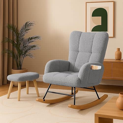 COMHOMA Nursery Rocking Chair with Ottoman, Teddy Glider Rocking Chair, Accent Chair with High Backrest Reading Chair for Adult, Nursery, Bedroom, Living Room, Offices (Gray with Ottoman)