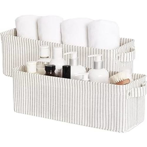 StorageWorks Narrow Storage Bins, Small baskets for Organizing, Long Storage Basket with Handles, Fabric Storage Bins for Shelf, Gray and White Stripes, 2-Pack