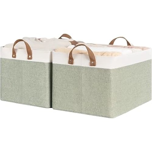 StorageWorks Storage Bins, Fabric Storage Bins for Shelves, Large Storage Baskets with Metal Frame, Closet Baskets and Bins with Handles, Green and White, 2-Pack
