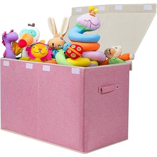 popoly Large Toy Box Chest Storage with Flip-Top Lid, Collapsible Kids Toy Storage Bin Boxes Container for Boys, Girls, Nursery, Playroom, 25"x13" x16" (Linen Pink)