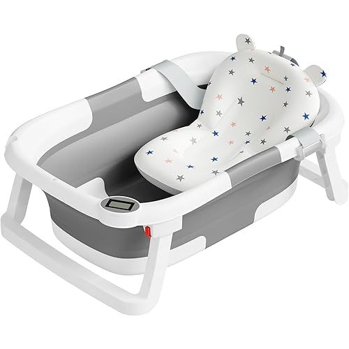 Collapsible Baby Bathtub,Baby Bath Tub with Soft Cushion & Thermometer,Baby Bathtub Newborn to Toddler 0-36 Months,Portable Travel Baby Tub,Gray