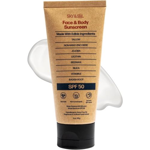 SKY & SOL Mineral Sunscreen SPF 50 – Nourishing Tallow & Zinc Oxide Sunblock | Non-Greasy, Reef Safe, Clean Formula for Healthy Skin | 3 oz (85 g)