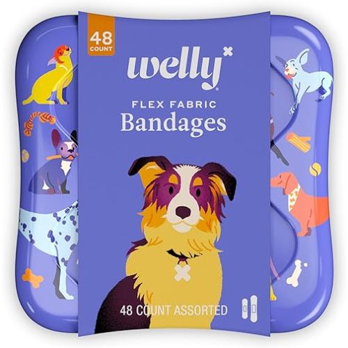 Welly Bandages | Adhesive Flexible Fabric Bravery Badges | Assorted Shapes for Minor Cuts, Scrapes, and Wounds | Colorful and Fun First Aid Tin | Dogs Patterns - 48 Count