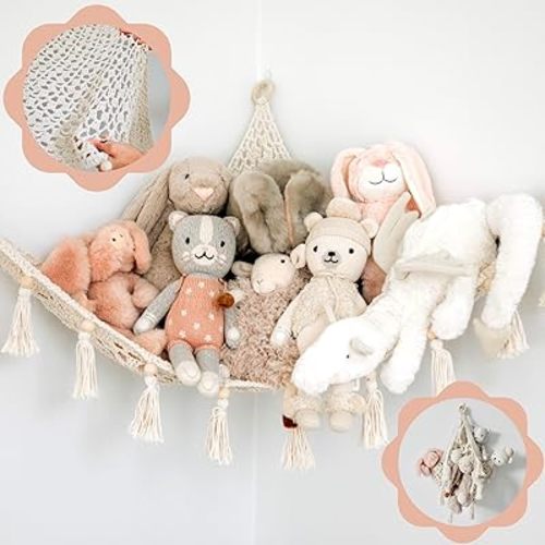Macrame Toy Hammock for Stuffed Animals - Plushie Toy Hammock for Baby Nursery Decor, Plush Hammock, Stuffy Hammock, Hanging Stuffed Animal Organizer, Buttercream