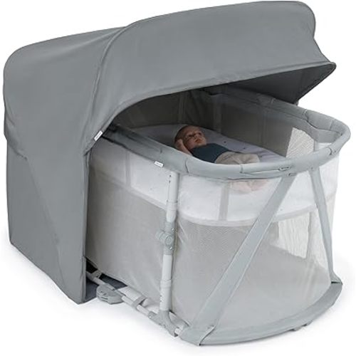 Ingenuity Dream Retreat 3-in-1 Portable Bassinet & Playard, Easy 3-Step Fold, Includes Indoor Outdoor UPF 50+ Light Blocking Shade, Mattress, & Sheet, 0-36 Months - Neutral
